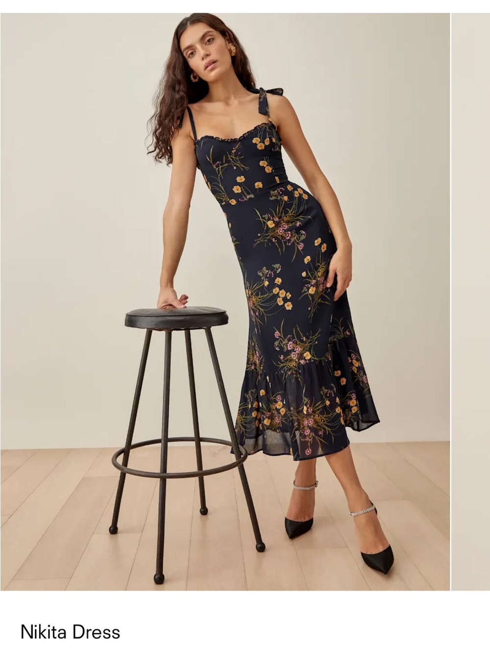 Reformation Nikita Floral Tie-Shoulder Midi Skirt Dress - Navy